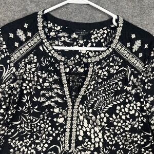 Lucky Brand Womens Blouse‎ Boho Peasant Floral Long Sleeves Black White Medium